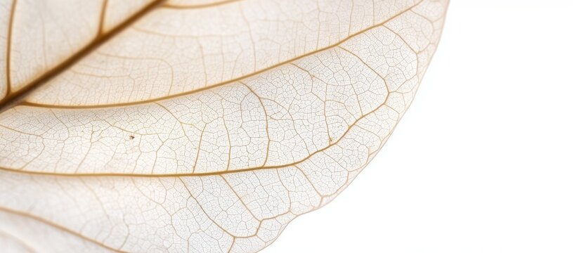 Extreme macro of magnolia petal in soft beige and ivory tones, smooth translucent surface, fine vein network, skeleton effect, isolated on white