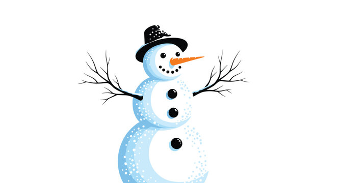 Traditional winter snowman with a black hat, orange carrot nose, and branch arms standing against a white backdrop.