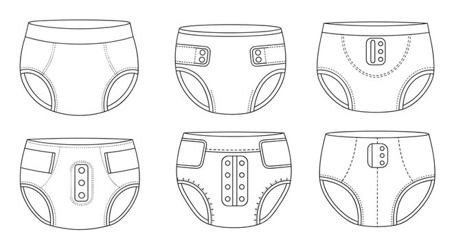 Set of technical line drawings showing various designs and styles of adult incontinence briefs and diapers for healthcare.