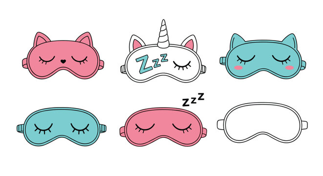 Collection of six colorful sleep masks featuring cute cat and unicorn designs along with simple plain versions.