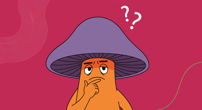 Confused orange mushroom character with a purple cap scratching its head under white question marks on a solid dark pink background.