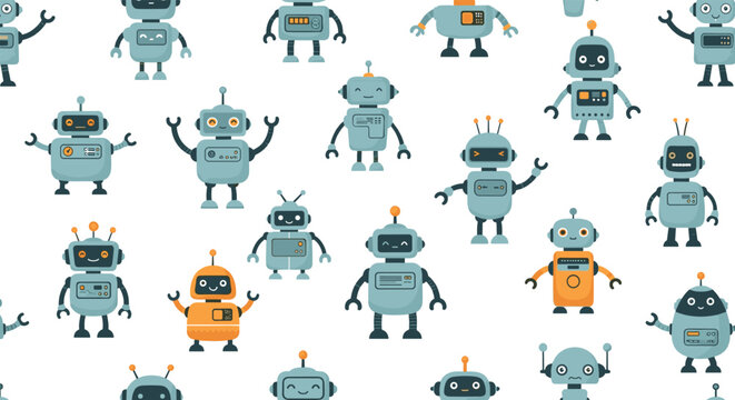 Colorful seamless pattern background filled with a variety of cute blue and orange robot characters for children.