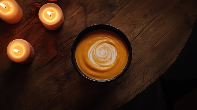 Cozy coffee drink topped with whipped cream served in a black cup on wooden table with flicke candles ambiance