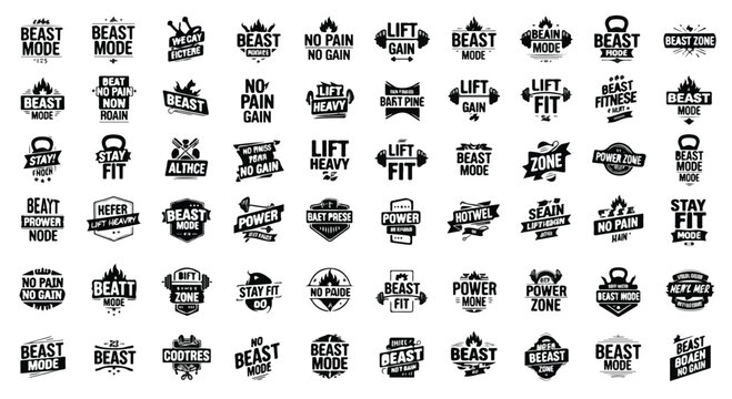 Set of 60 Black and White Gym Fitness Workout Badges Vector isolated PNG with Transparent Background