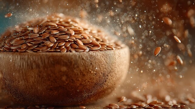 Close-up of a wooden bowl filled with pumpkin seeds on a blurred background with scatte seeds in motion