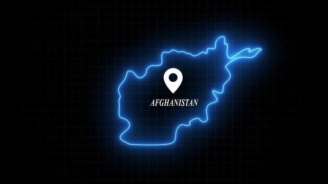 Afghanistan map outline with glowing neon border and location pin marker animation