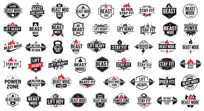 Set of 50 Black and Red Gym Fitness Workout Vector Badges isolated PNG with Transparent Background