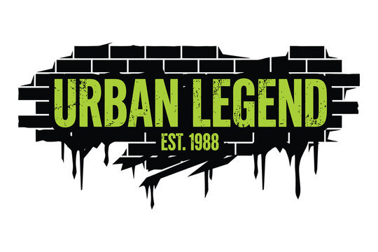 Vintage graffitistyle text logo with cracked brick wall effect and dripping paint design