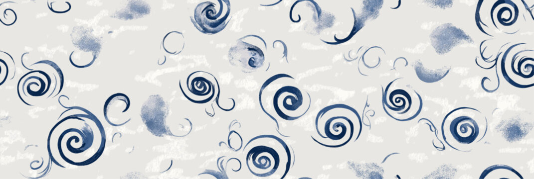 Blue decorative scrolls and flourishes forming an elegant, repeating pattern on a textured white background. Blue swirling ornamental scrolls creating seamless pattern
