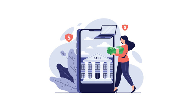 Modern woman uses a secure mobile banking application on a large smartphone to manage her finances and deposit large stacks of cash conveniently.