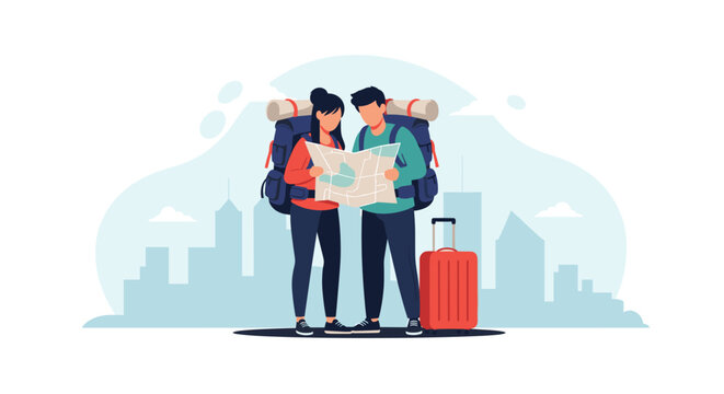 Couple of travelers with large backpacks look at a map to navigate through a city with a red suitcase standing beside them near a skyline.