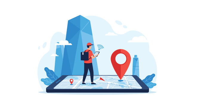 Delivery worker stands on a giant tablet showing a city map with location pins, navigating his route among modern skyscrapers.