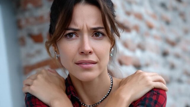 A Moment of Apprehension: A woman's face, etched with worry and concern, embodies the weight of anxieties. The photograph captures the nuanced expressions of a woman at a brick wall.