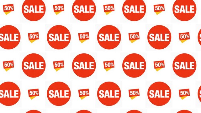 Red 50 Percent Off Sale Sticker Seamless Pattern Background, clearance and retail discount concept