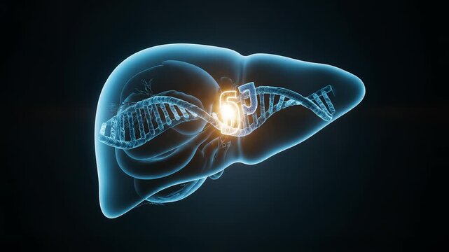 Holographic human liver anatomy with DNA helix, medical science animation of internal organ health, futuristic blue glowing liver scan