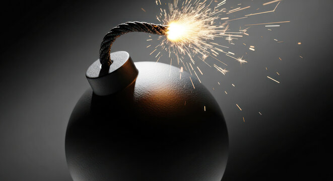 Black bomb with a lit fuse emitting sparks against a dark background, showcasing explosive potential in a dramatic setting