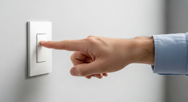 Hand pressing light switch on a clean wall, modern design with a neutral color scheme and soft lighting in a contemporary interior setting
