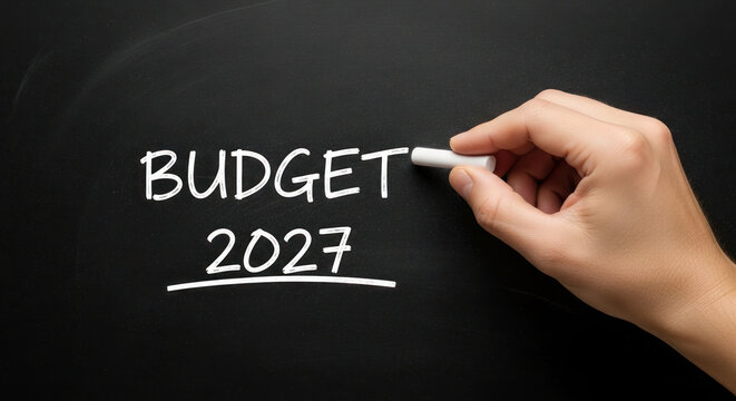 Hand writing budget plan for 2027 on black chalkboard with white chalk, clear focus on financial planning and organization