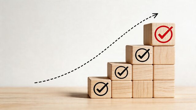 Business concept wooden blocks building tower with success check marks growth strategy achievement goal setting corporate progress positive development curve