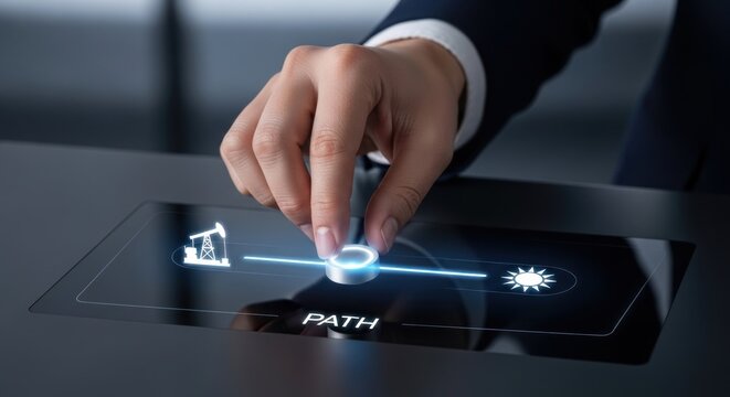 Business person adjusting digital slider on futuristic touch screen interface, for strategic transition oil energy to sustainable solar power for greener future world