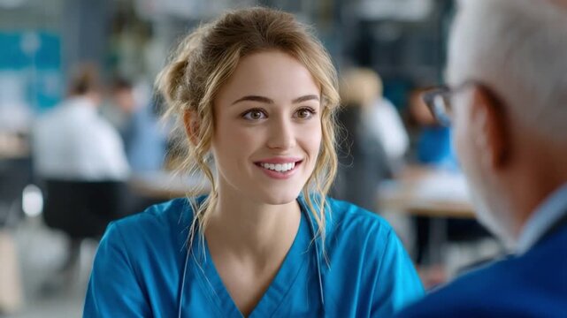 Caring and Compassion: A skilled and empathetic healthcare worker, focused intently on a conversation with a patient, demonstrating understanding, trust, and professional support.
