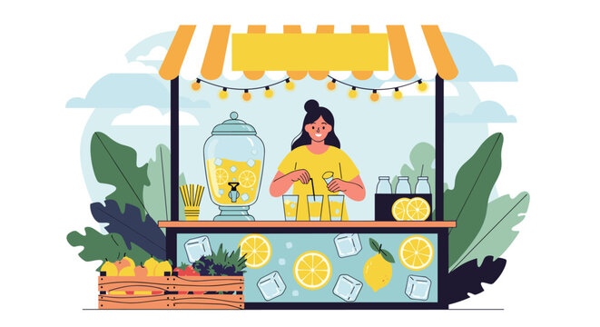 Smiling woman serving fresh cold lemonade drink at outdoor fruit juice stall decorated with lemon patterns and lights.