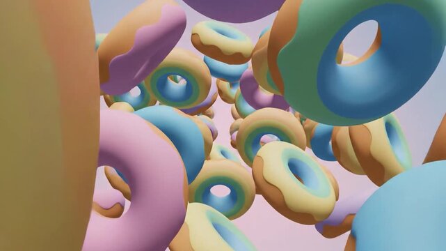A colorful assortment of delicious, glazed and frosted pastries floating in a whimsical, abstract background setting