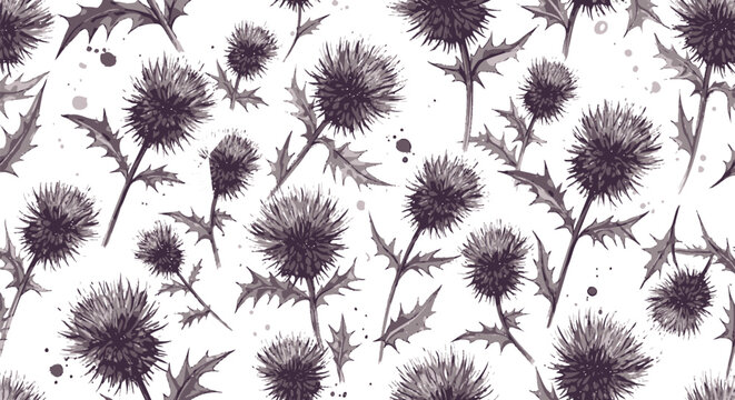 Thistle flowers, purple botanical illustrations, floral pattern, seamless design