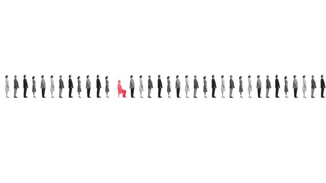 Long queue of identical people with one highlighted seated person on white background. Concept of individuality, breaking routine, leadership choice, social pressure and standing out from the crowd.