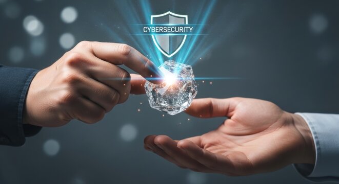 Person handing over glowing crystal diamond with digital cybersecurity shield icon, for data protection, secure asset transfer, trust, high value digital security solutions