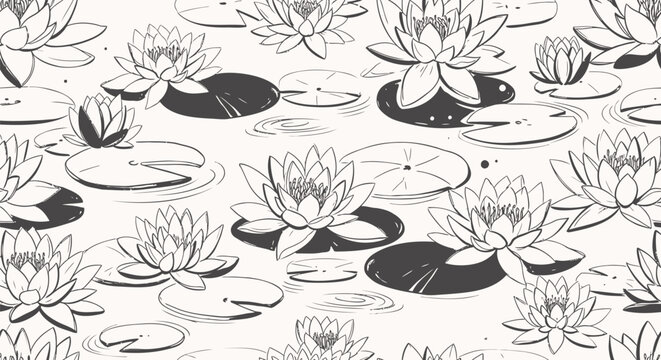 Black and white lotus flowers, water lilies, pond seamless pattern, vector illustration, floral design