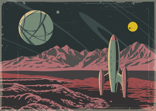Space Journey Retro Futurism Poster, Old Cosmic Style Vector Illustration. Space Rocket, Unknown Planet Landscape, Aged Textured Frame