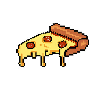 Delicious pixel art slice of salami pizza with melting cheese and toppings,  in a retro 8-bit video game vector graphic design	