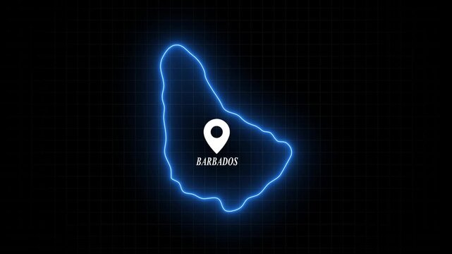 Barbados map outline with glowing neon border and location pin marker, digital cartography animation