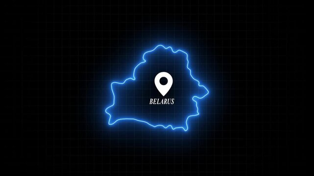 Belarus map outline with glowing neon border and location pin marker on digital grid background country
