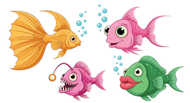 Set of four cartoon fish including a goldfish an anglerfish and two others with vibrant colors and funny expressions.