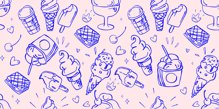 Seamless ice cream pattern with hand drawn dessert doodles cones, popsicles, sundaes, waffles, cherries, and sweet decorative elements for summer packaging, textile, wallpaper, and branding.Vector