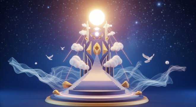 Ascension of Bahaullah photo illustration with radiant light and doves
