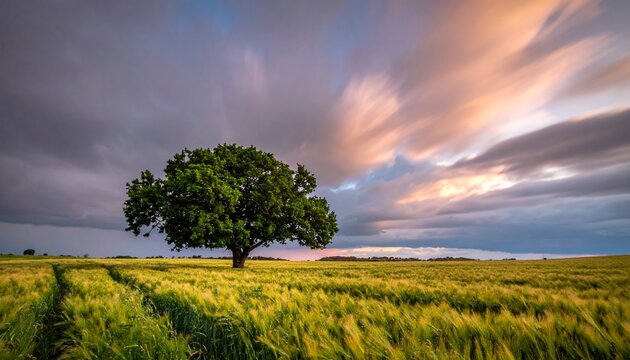 Lone tree in golden wheat field under dramatic cloudy sky at sunset.