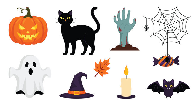 Collection of various halloween icons including a pumpkin ghost black cat witch hat spider web bat and a zombie hand.
