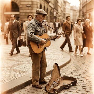 Vintage street musician playing guitar and harmonica for passersby in a European city.
