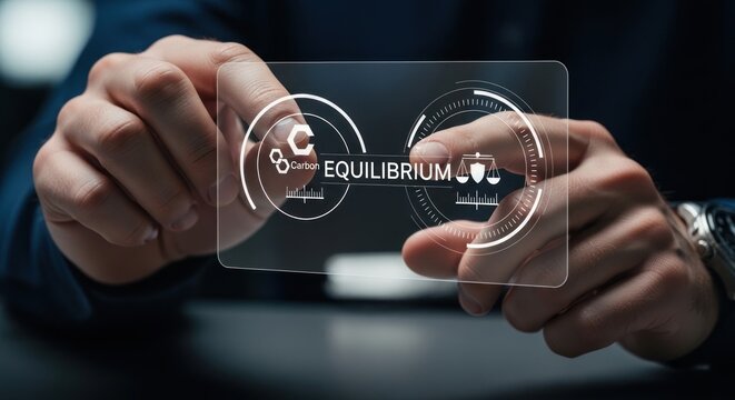 Businessman touching digital carbon equilibrium interface, for sustainable environmental management, corporate ecological responsibility, pursuit net zero emissions goals