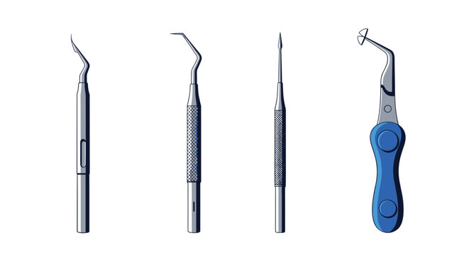 Set of professional dental tools including a probe scaler and mirror handle used for teeth examination and dental hygiene.