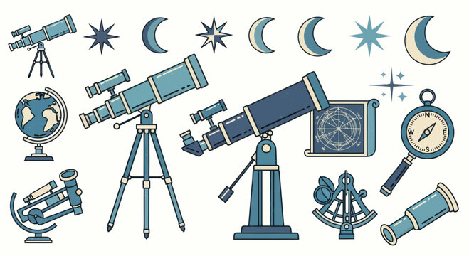 Astronomy Set: Telescopes, Globes, Moon Phases, Stars, Navigation Tools