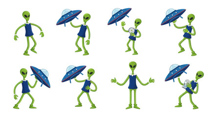 Funny Green Aliens in Various Poses with UFOs on White Background © yati