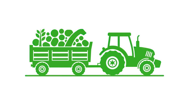 Green Tractor Pulling Trailer with Harvested Crops and Plants - Agriculture Icon