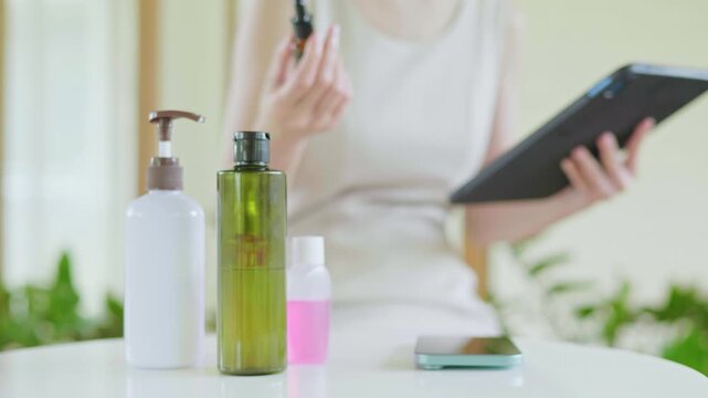 Beauty Product Application Home Office Tutorial Video Bright Interior Close-Up View Skincare Routine