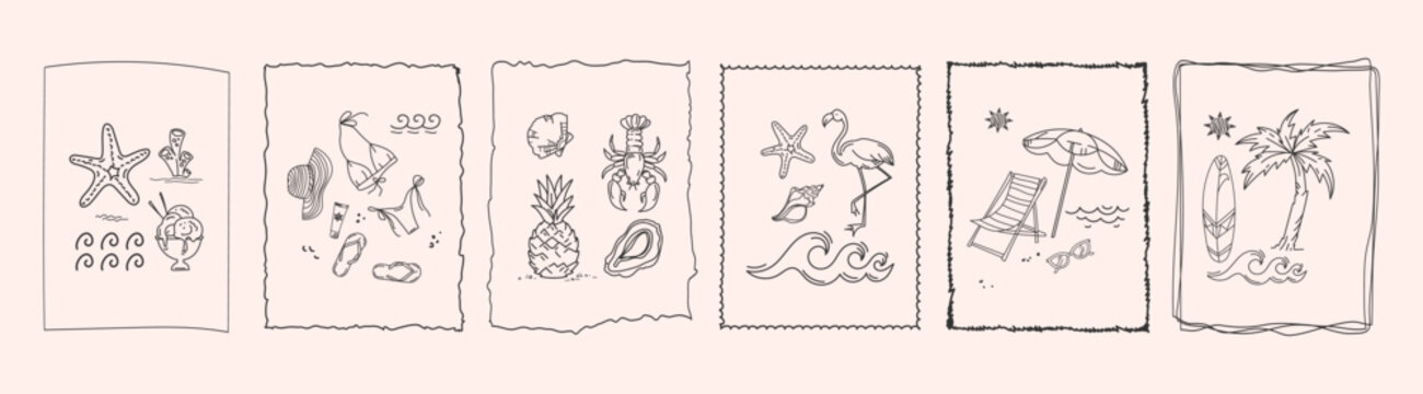 Vintage beach poster collection with hand drawn coastal frames, seashells, starfish, palm trees, beach chairs, surfboards, ocean waves, and tropical summer vacation elements. Vector illustration