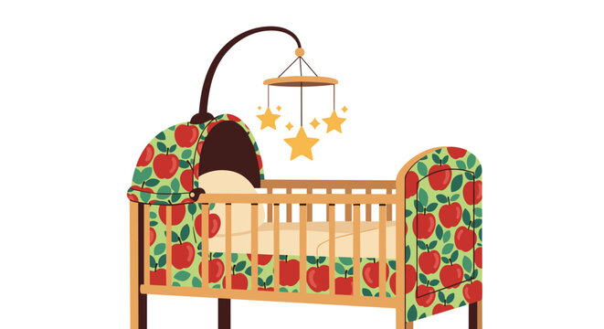 Wooden baby crib featuring a colorful apple pattern on the fabric and a hanging mobile with yellow stars for a nursery room interior.