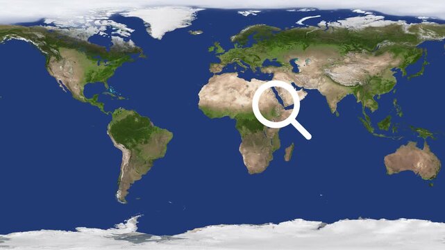 magnify glass on earth map, searching location on various point .magnifying glass searching locations on earth map animation video in 4k.